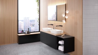 Salle de bains avec éléments en bois et série de salle de bains Geberit ONE
