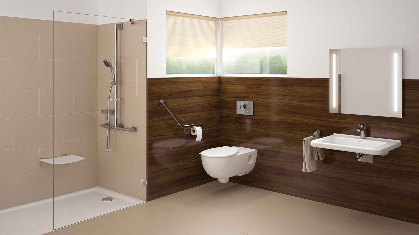 Salle de bains adaptée aux personnes à mobilité réduite avec espace lavabo, WC et douche de plain-pied Salle de bains adaptée aux personnes à mobilité réduite avec espace lavabo, WC et douche de plain-pied