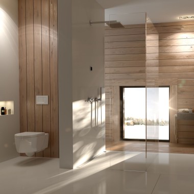 Salle de bains Geberit avec panneaux en bois
