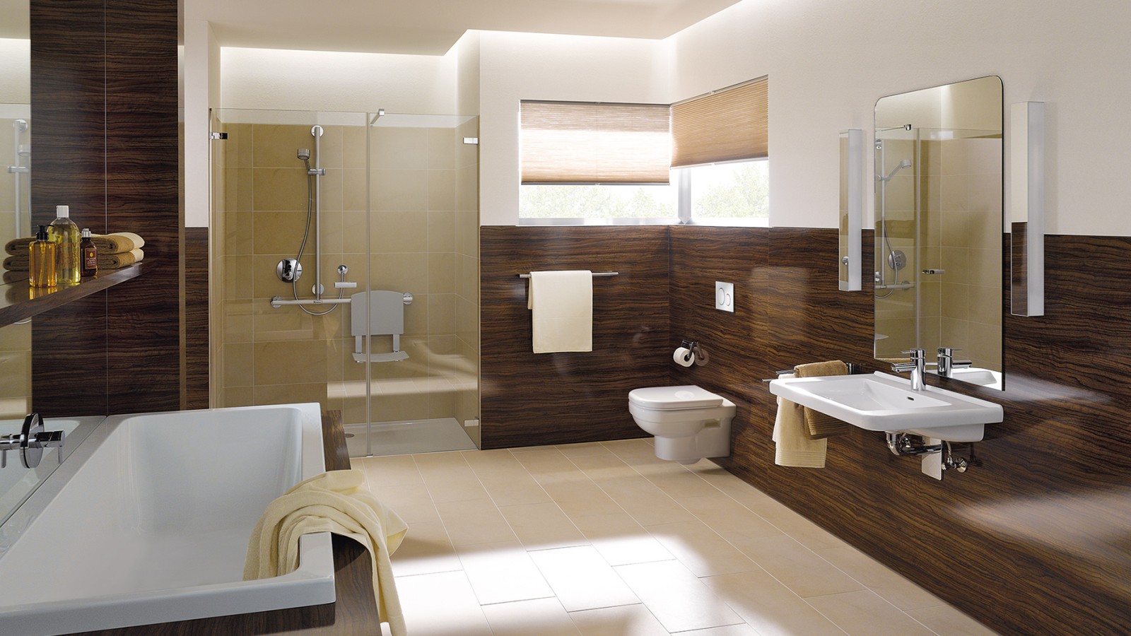 Salle de bains adaptée aux personnes à mobilité réduite avec espace lavabo, WC et douche de plain-pied Salle de bains adaptée aux personnes à mobilité réduite avec espace lavabo, WC et douche de plain-pied