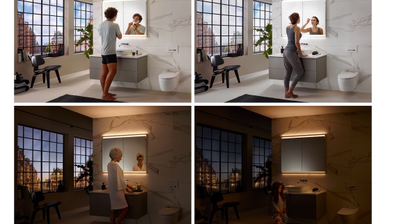 Différentes ambiances lumineuses dans la salle de bains grâce au concept dʼéclairage ComfortLight de Geberit (© Geberit)
