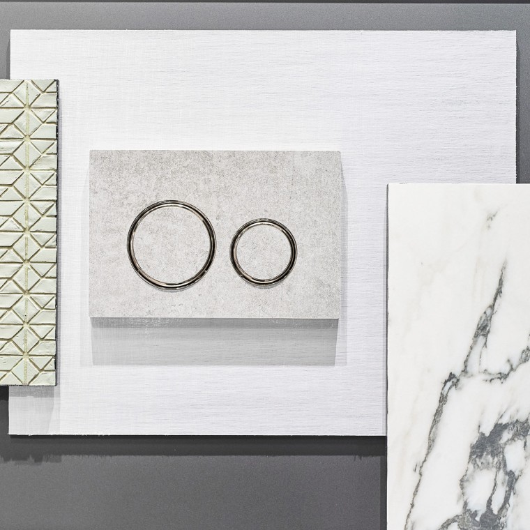 La plaque de déclenchement Sigma21 aspect béton avec anneaux design chromés La plaque de déclenchement Sigma21 aspect béton avec anneaux design chromés