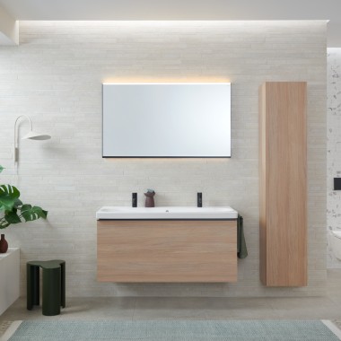 Double lavabo Geberit Acanto avec meubles bas en chêne