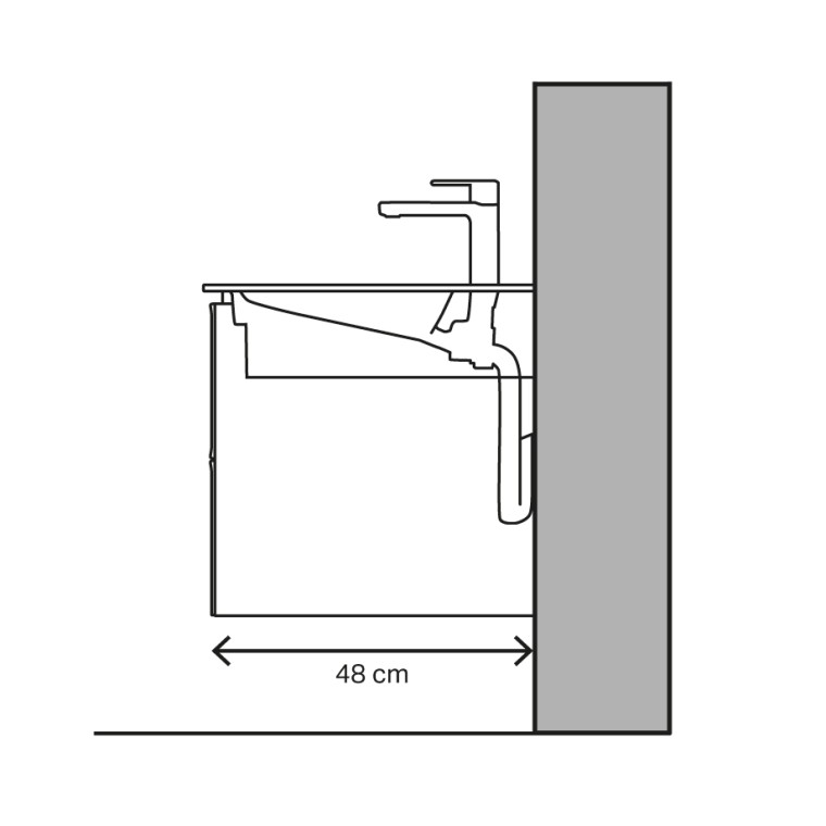 Exemple de lavabo avec saillie de 48 cm et évacuation horizontale Exemple de lavabo avec saillie de 48 cm et évacuation horizontale