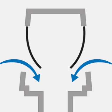 Bei Unterdruck, z. B. beim Benutzen des WCs, öffnen die Membranen, und Luft strömt ins System