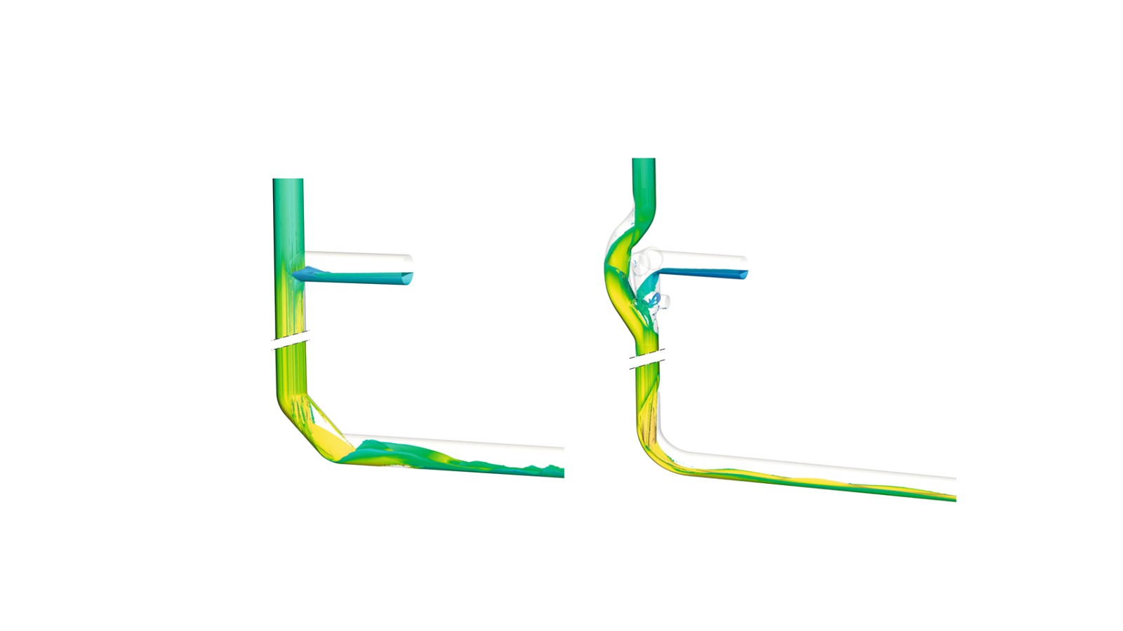 Die Umlenkung mit zwei 45°-Bögen von Geberit Silent-db20 in d160, in der Darstellung links, erzeugt Verwirbelungen im Leitungsrohr, die zu einer höheren Geräuschentwicklung führen. Im Gegensatz dazu führt der Geberit Silent-db20 BottomTurn Bogen, in der Darstellung rechts, die Ringströmung aus der Fallleitung ruhig und geordnet in eine Schichtenströmung über Die Umlenkung mit zwei 45°-Bögen von Geberit Silent-db20 in d160, in der Darstellung links, erzeugt Verwirbelungen im Leitungsrohr, die zu einer höheren Geräuschentwicklung führen. Im Gegensatz dazu führt der Geberit Silent-db20 BottomTurn Bogen, in der Darstellung rechts, die Ringströmung aus der Fallleitung ruhig und geordnet in eine Schichtenströmung über