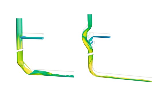 Die Umlenkung mit zwei 45°-Bögen von Geberit Silent-db20 in d160, in der Darstellung links, erzeugt Verwirbelungen im Leitungsrohr, die zu einer höheren Geräuschentwicklung führen. Im Gegensatz dazu führt der Geberit Silent-db20 BottomTurn Bogen, in der Darstellung rechts, die Ringströmung aus der Fallleitung ruhig und geordnet in eine Schichtenströmung über