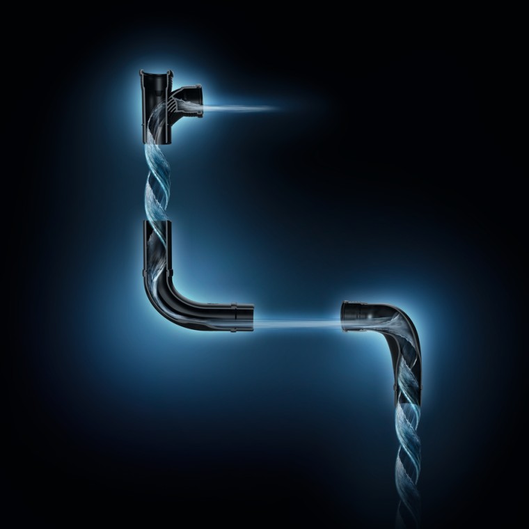 Hydraulisch optimierter Wasserdurchfluss mit Geberit SuperTube Formstücken.