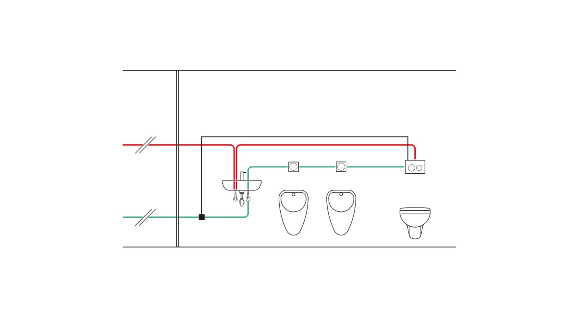 Exemple de tuyauterie dʼun réservoir à encastrer commandé par température avec rinçage forcé hygiénique et utilisation dʼun capteur de température (© Geberit)