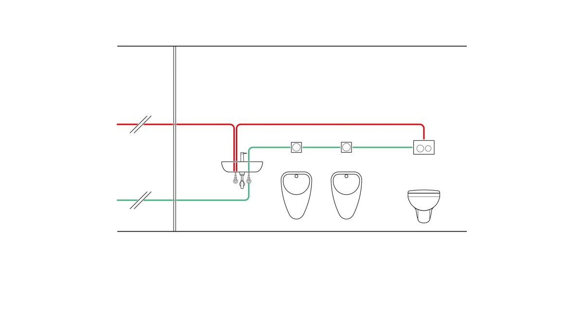 Exemple de tuyauterie dʼun rinçage forcé hygiénique piloté par temporisation (© Geberit)