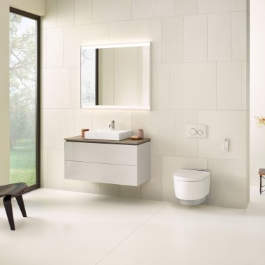 Salle de bains beige avec armoire à glace, meuble bas, plaque de déclenchement et céramiques de Geberit