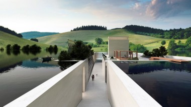 Das H.O.M.E. Haus 2022 von Hadi Teherani Architects eingebettet in eine grüne Hügellandschaft (© Bloomrealities/HTA für H.O.M.E. Haus 2022)