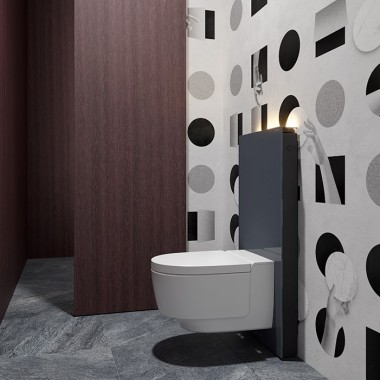 WC d’invités équipé du WC-douche Geberit AquaClean Mera en combinaison avec le module sanitaire Monolith (© Bloomrealities/HTA pour H.O.M.E. House 2022)