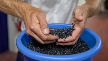 Mains tenant des granulés en plastique noir (© Ben Huggler)