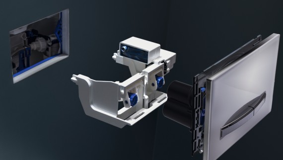 Le module de rinçage forcé hygiénique Geberit Intervall s’installe facilement dans chaque réservoir à encastrer Geberit Sigma 12 cm