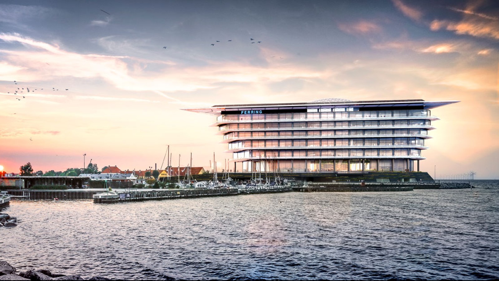 Eine Insel von schwebender Leichtigkeit: Der neue Hauptsitz des Pharmaunternehmens Ferring Pharmaceuticals in Kastrup, Dänemark (©Foster&Partners) Eine Insel von schwebender Leichtigkeit: Der neue Hauptsitz des Pharmaunternehmens Ferring Pharmaceuticals in Kastrup, Dänemark (©Foster&Partners)