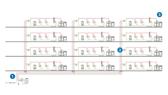 Systemvergleich für ein Beispielhaus mit zwölf Wohneinheiten auf vier Stockwerken
