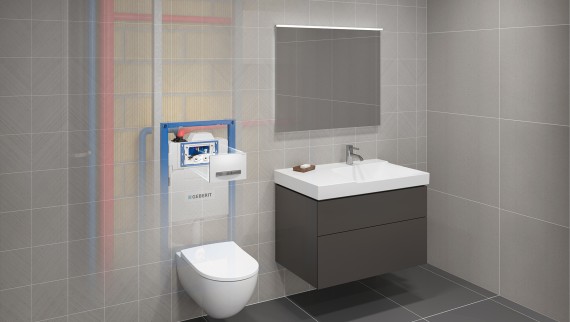 Un rinçage forcé hygiénique Geberit HS30 dans une section de pièce (© Geberit) Un rinçage forcé hygiénique Geberit HS30 dans une section de pièce (© Geberit)