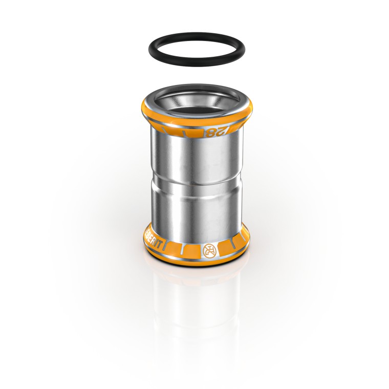 Durch den orangefarbenen Pressindikator auf den Fittings oder die Linie auf den Systemrohren ist Geberit Mapress Therm klar erkennbar. Durch den orangefarbenen Pressindikator auf den Fittings oder die Linie auf den Systemrohren ist Geberit Mapress Therm klar erkennbar.