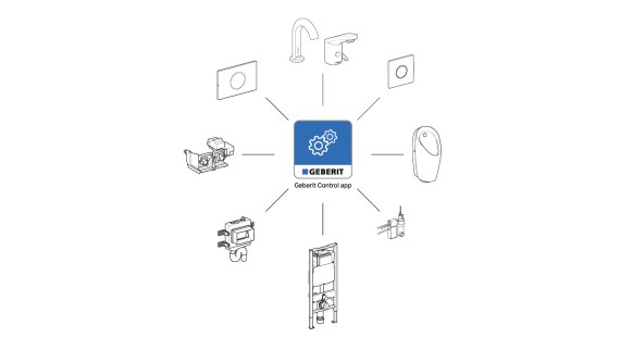 Aperçu des produits pouvant être pilotés avec l’application Geberit Control (© Geberit)