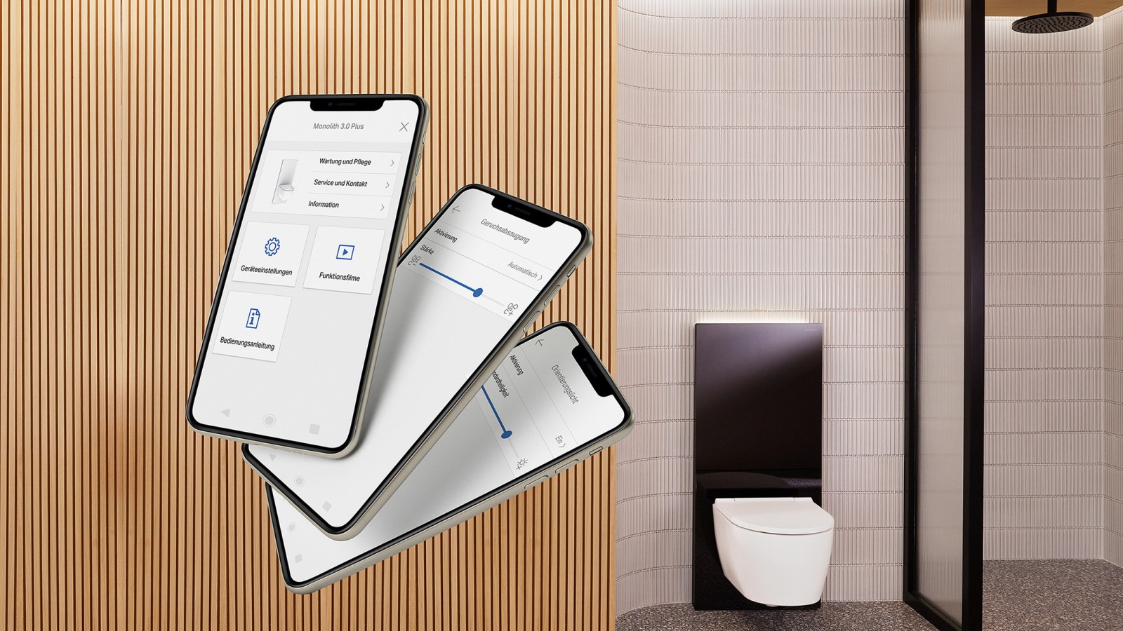 Geberit Home, um das neue Geberit Monolith Plus Sanitärmodul einzustellen (© Geberit) Geberit Home, um das neue Geberit Monolith Plus Sanitärmodul einzustellen (© Geberit)