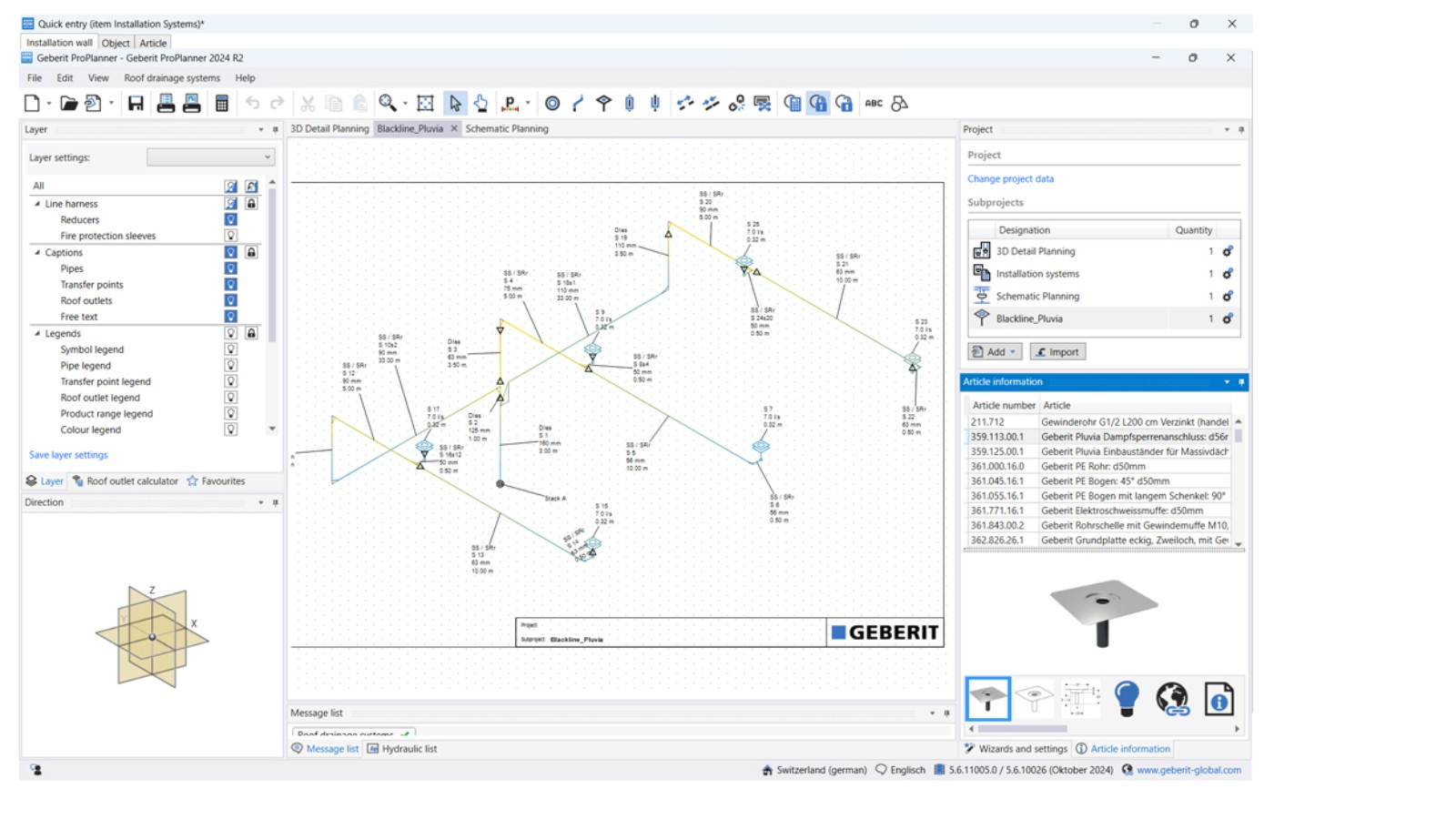 Isometric planning of Geberit Pluvia in Geberit ProPlanner Isometric planning of Geberit Pluvia in Geberit ProPlanner