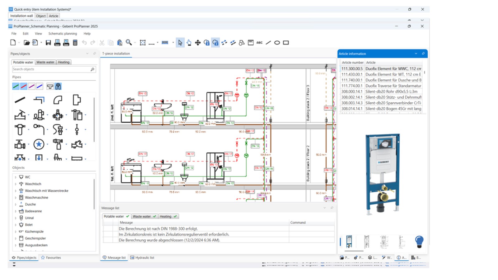 View of the schematic planning module in Geberit ProPlanner View of the schematic planning module in Geberit ProPlanner