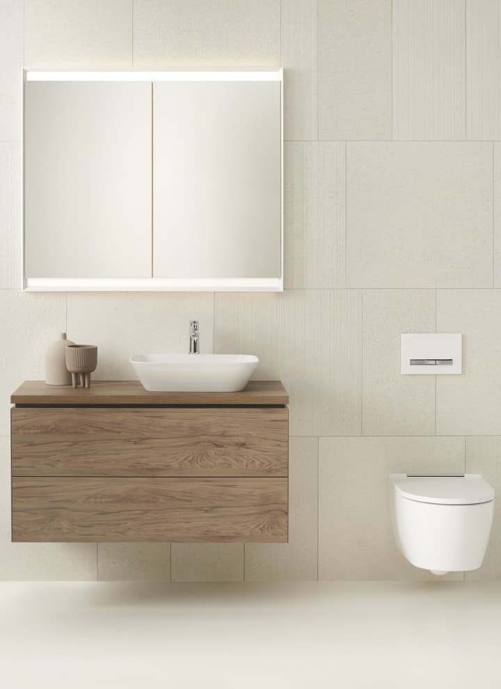 Lavabo à poser Geberit ONE et sous-meuble en noyer hickory, avec WC (© Geberit) Lavabo à poser Geberit ONE et sous-meuble en noyer hickory, avec WC (© Geberit)