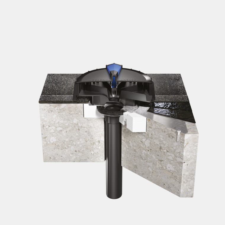 Installation de Geberit Pluvia sur un toit en béton avec étanchéité bitumineuse Installation de Geberit Pluvia sur un toit en béton avec étanchéité bitumineuse