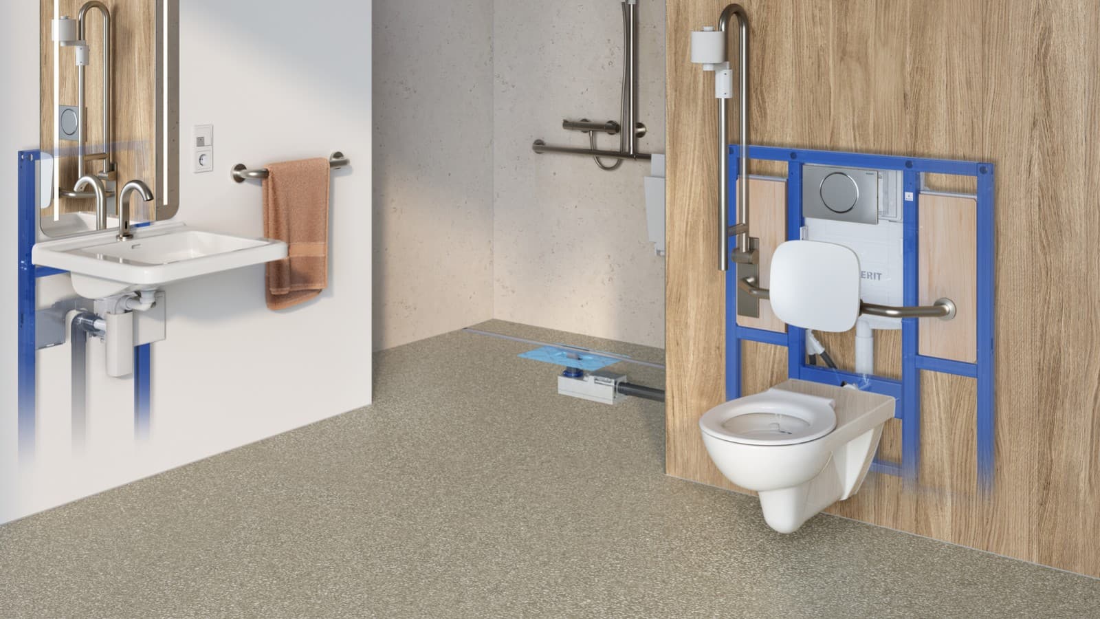 Système de toilettes Geberit dans la gamme de produits standard pour locaux sanitaires accessibles aux personnes à mobilité réduite Système de toilettes Geberit dans la gamme de produits standard pour locaux sanitaires accessibles aux personnes à mobilité réduite